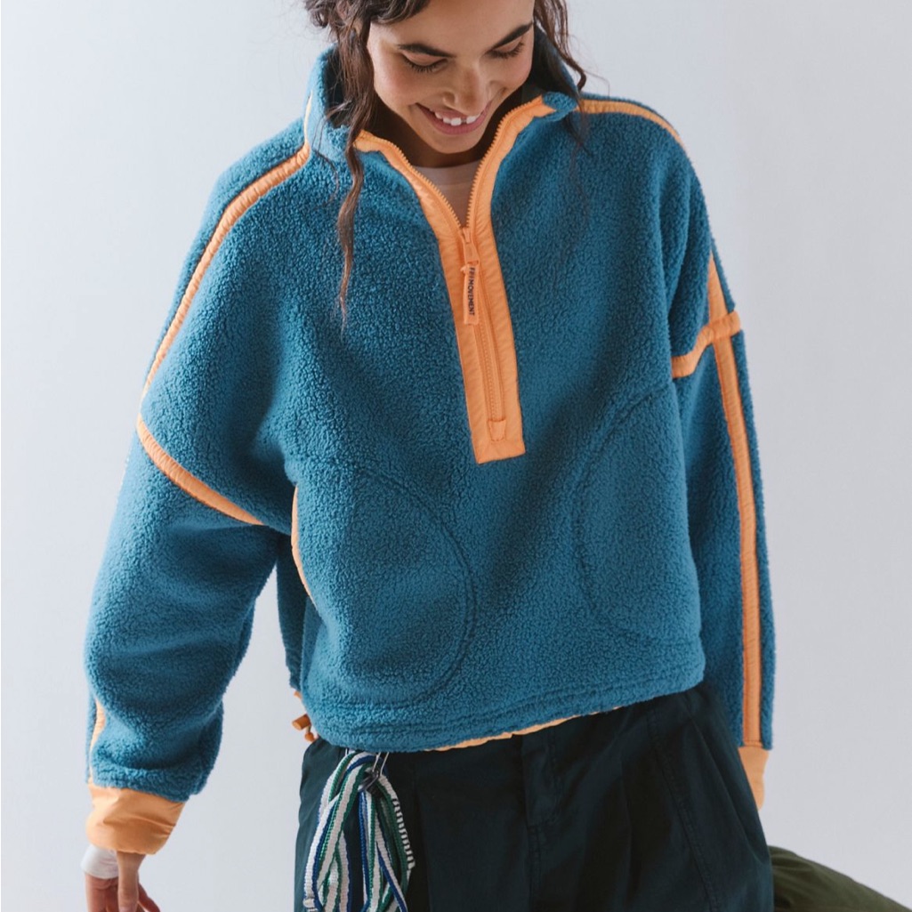 Fp Movement By Free People Teal Sherpa Half-Zip Pullover With Peach Trim